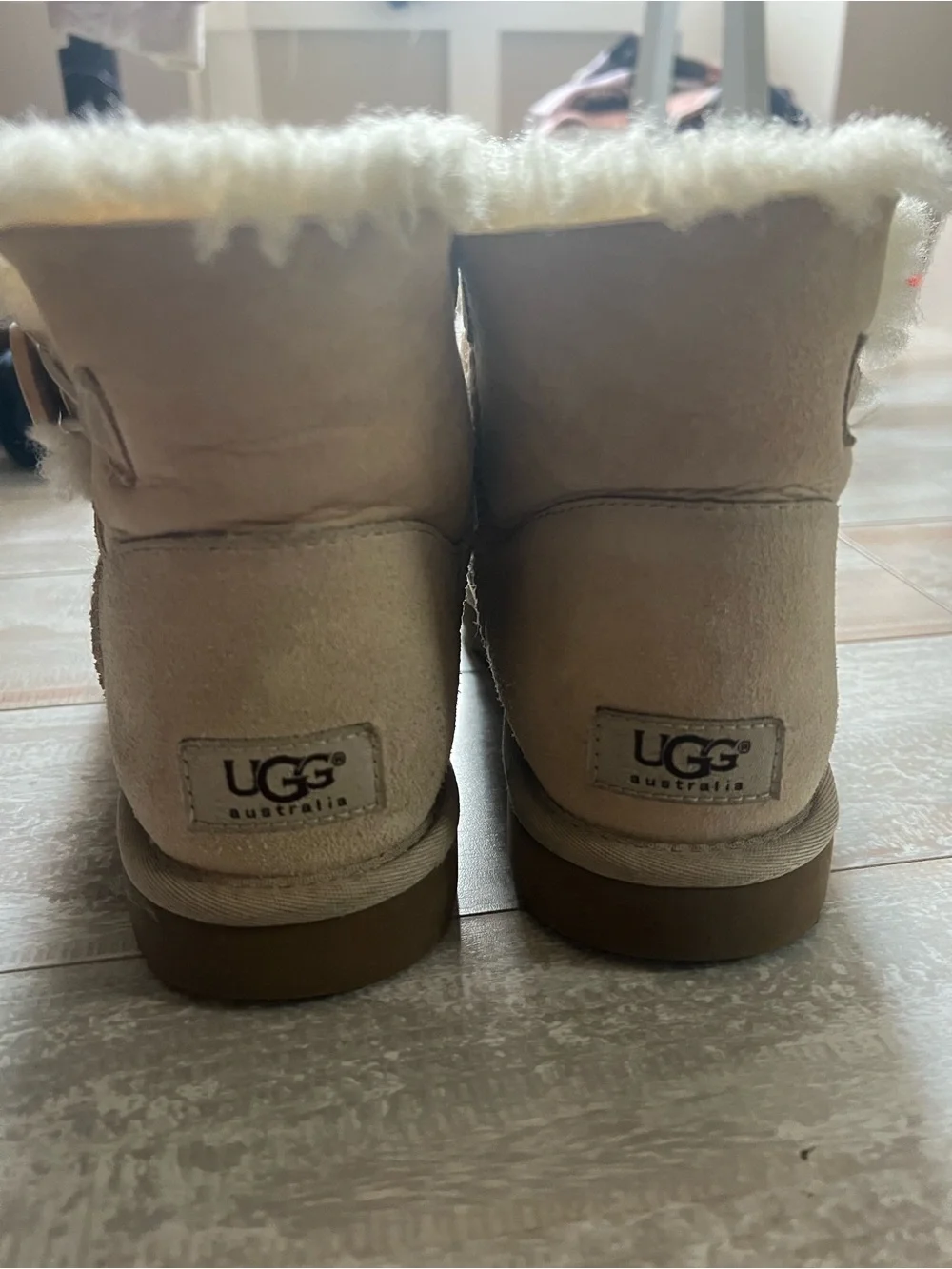 UGG Mini Button Boot in Sand with Shearling Trim